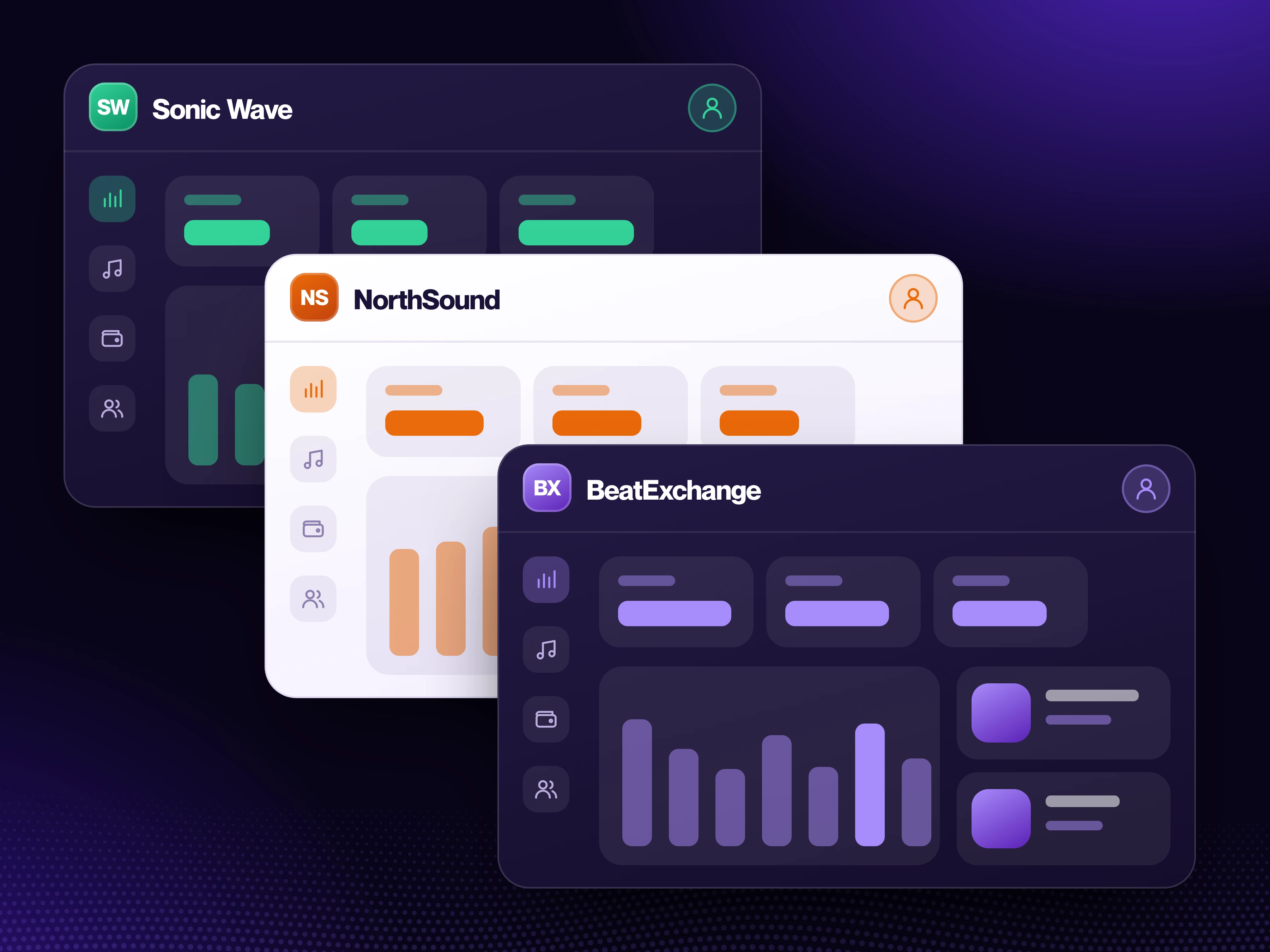 Three white-label music distribution consoles on one ToneGrid platform, each in its own brand: Sonic Wave, NorthSound and BeatExchange